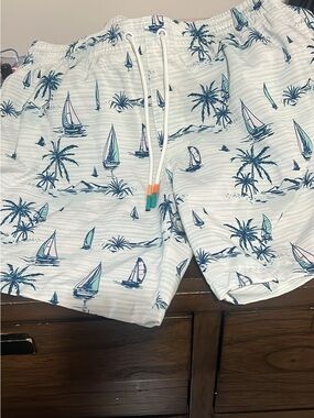 T.J.Maxx White Swim Shorts with Blue & Teal Sailboat Print
